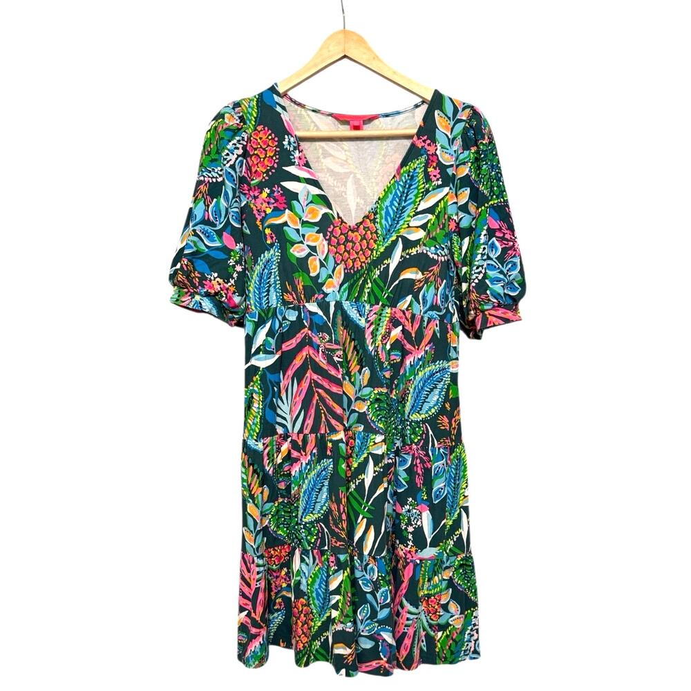 Lilly Pulitzer Aleece Small Cotton Jungle Print V-Neck Puff Sleeve Dress